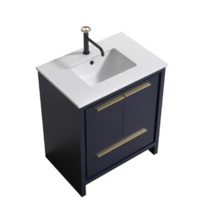 KubeBath Dolce 30″ Navy Blue Modern Bathroom Vanity with Quartz Countertop