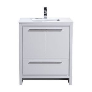 KubeBath Dolce 30″ High Gloss White Modern Bathroom Vanity with Quartz Countertop