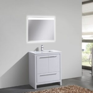 KubeBath Dolce 30″ High Gloss White Modern Bathroom Vanity with Quartz Countertop