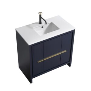 KubeBath Dolce 36″ Navy Blue Modern Bathroom Vanity with Quartz Countertop