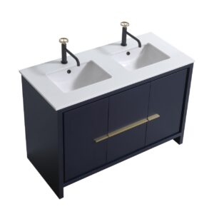 KubeBath Dolce 48″ Double Sink Navy Blue Modern Bathroom Vanity with Quartz Countertop