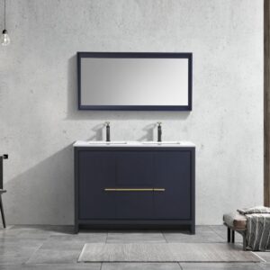 KubeBath Dolce 48″ Double Sink Navy Blue Modern Bathroom Vanity with Quartz Countertop