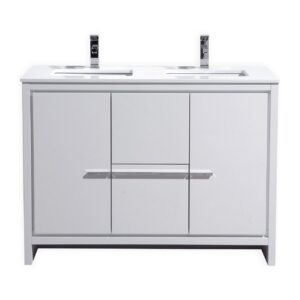 KubeBath Dolce 48″ Double Sink High Gloss White Modern Bathroom Vanity with Quartz Countertop