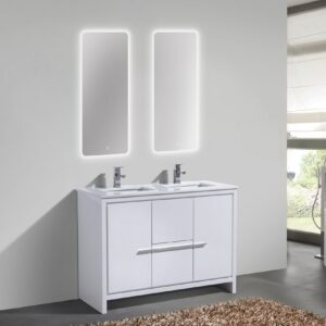 KubeBath Dolce 48″ Double Sink High Gloss White Modern Bathroom Vanity with Quartz Countertop