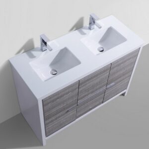 KubeBath Dolce 48″ Double Sink Ash Gray Modern Bathroom Vanity with Quartz Countertop
