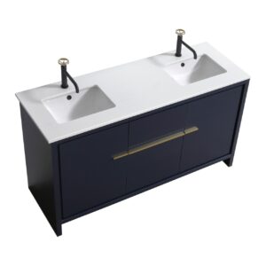 KubeBath Dolce 60″ Double Sink Navy Blue Modern Bathroom Vanity with Quartz Countertop