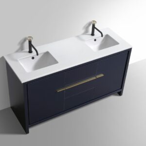 KubeBath Dolce 60″ Double Sink Navy Blue Modern Bathroom Vanity with Quartz Countertop