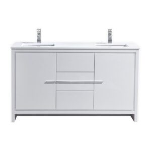 KubeBath Dolce 60″ Double Sink High Gloss White Modern Bathroom Vanity with Quartz Countertop