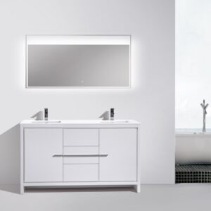 KubeBath Dolce 60″ Double Sink High Gloss White Modern Bathroom Vanity with Quartz Countertop
