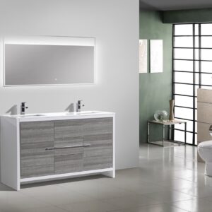 KubeBath Dolce 60″ Double Sink Ash Gray Modern Bathroom Vanity with Quartz Countertop