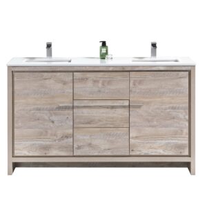 KubeBath Dolce 60″ Double Sink Nature Wood Modern Bathroom Vanity with Quartz Countertop