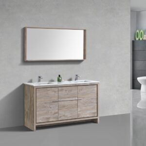 KubeBath Dolce 60″ Double Sink Nature Wood Modern Bathroom Vanity with Quartz Countertop
