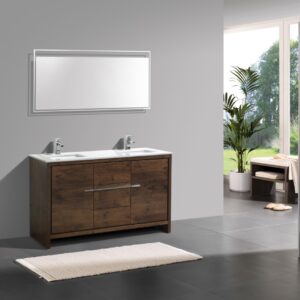 KubeBath Dolce 60″ Double Sink Rose Wood Modern Bathroom Vanity with Quartz Countertop