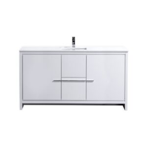 KubeBath Dolce 60″ High Gloss White Modern Bathroom Vanity with Quartz Countertop