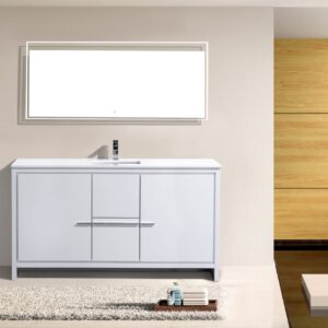 KubeBath Dolce 60″ High Gloss White Modern Bathroom Vanity with Quartz Countertop