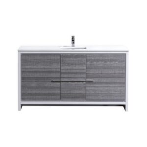 KubeBath Dolce 60″ Ash Gray Modern Bathroom Vanity with Quartz Countertop