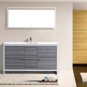 KubeBath Dolce 60″ Ash Gray Modern Bathroom Vanity with Quartz Countertop