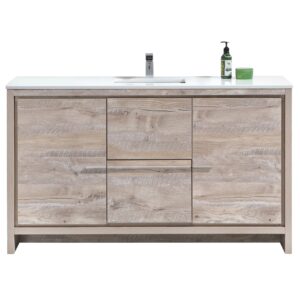 KubeBath Dolce 60″ Nature Wood Modern Bathroom Vanity with Quartz Countertop