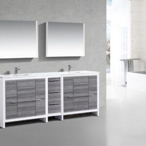 KubeBath Dolce 84″ Gloss Ash Gray Modern Bathroom Vanity with Quartz Countertop