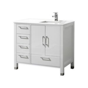 Anziano 36″ High Gloss White Vanity w/ White Countertop – Left Side Drawers