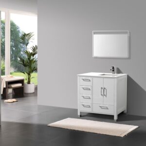 Anziano 36″ High Gloss White Vanity w/ White Countertop – Left Side Drawers