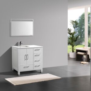 Anziano 36″ High Gloss White Vanity w/ White Countertop – Right Side Drawers
