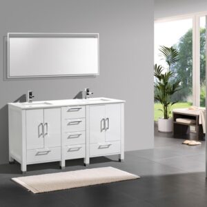 Anziano 60″ High Gloss White Double Sink Vanity w/ White Countertop
