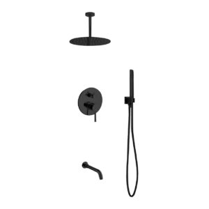 Aqua Rondo Black Shower Set w/ Ceiling Mount 12″ Rain Shower, Handheld and Tub Filler