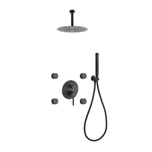 Aqua RONDO Black Brass Shower Set w/ 8″ Round Rain Shower, 4 Body Jets and Handheld