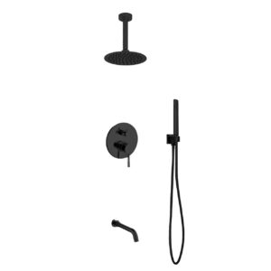 Aqua Rondo Black Shower Set w/ Ceiling Mount 8″ Rain Shower, Handheld and Tub Filler