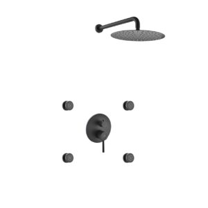 Aqua RONDO Black Brass Shower Set w/ 12″ Round Rain Shower and 4 Body Jets