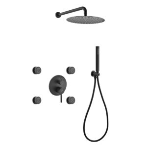 Aqua Rondo Black Brass Shower Set w/ 12″ Round Rain Shower, 4 Body Jets and Handheld