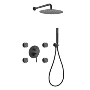Aqua RONDO Black Brass Shower Set w/ 8″ Round Rain Shower, 4 Body Jets and Handheld