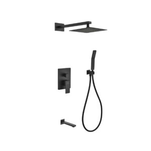 Aqua Piazza Black Shower Set w/ 8″ Square Rain Shower, Tub Filler and Handheld
