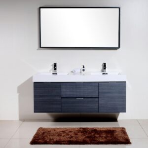 Bliss 60″ Gray Oak Wall Mount Double Sink Modern Bathroom Vanity