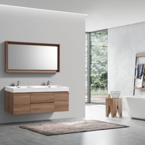 Bliss 60″ Honey Oak Wall Mount Double Sink Modern Bathroom Vanity