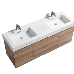 Bliss 60″ Honey Oak Wall Mount Double Sink Modern Bathroom Vanity