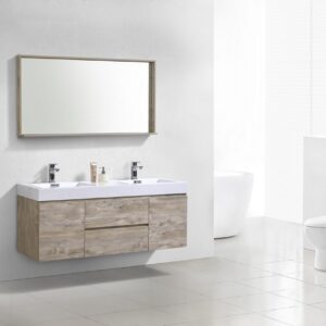 Bliss 60″ Nature Wood Wall Mount Double Sink Modern Bathroom Vanity