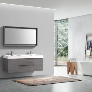 Bliss 60″ Vulcan Ash Grey Wall Mount Double Sink Modern Bathroom Vanity