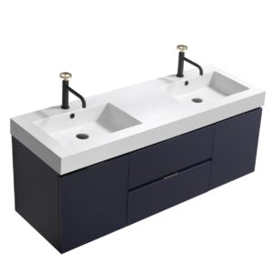 Bliss 60″ Navy Blue Wall Mount Double Sink Modern Bathroom Vanity