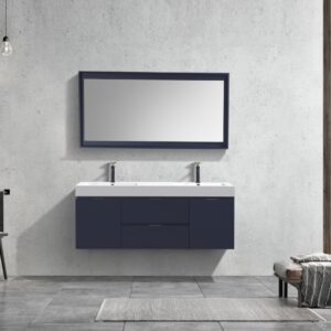 Bliss 60″ Navy Blue Wall Mount Double Sink Modern Bathroom Vanity