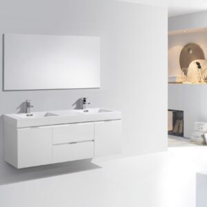 Bliss 60″ High Gloss White Wall Mount Double Sink Modern Bathroom Vanity