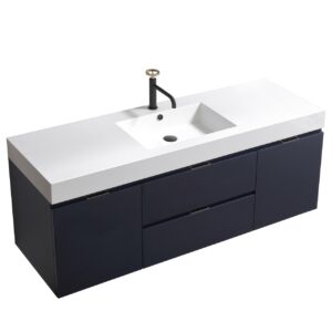 Bliss 60″ Navy Blue Wall Mount Single Sink Modern Bathroom Vanity