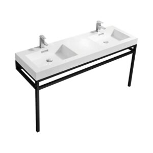 Haus 60″ Double Sink Stainless Steel Console w/ White Acrylic Sink – Matte Black