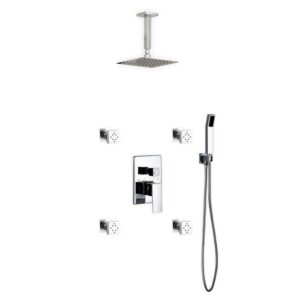Aqua Piazza Shower Set w/ 8″ Ceiling Mount Square Rain Shower, Handheld and 4 Body Jets