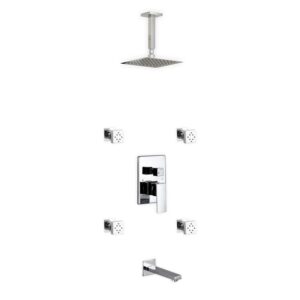 Aqua Piazza Shower Set w/ 8″ Ceiling Mount Square Rain Shower, Tub Filler and 4 Body Jets