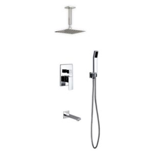Aqua Piazza Shower Set w/ 8″ Ceiling Mount Square Rain Shower, Handheld and Tub Filler