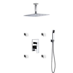 Aqua Piazza Shower Set w/ 12″ Ceiling Mount Square Rain Shower, 4 Body Jets and Handheld