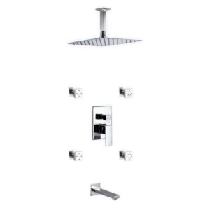 Aqua Piazza Shower Set w/ 12″ Ceiling Mount Square Rain Shower, Tub Filler and 4 Body Jets