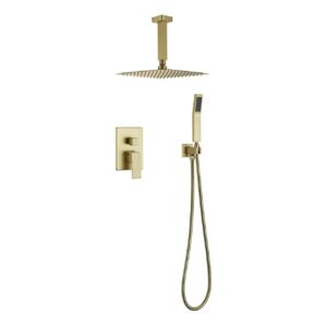 Aqua Piazza Gold Shower Set w/ 12″ Ceiling Mount Square Rain Shower and Handheld